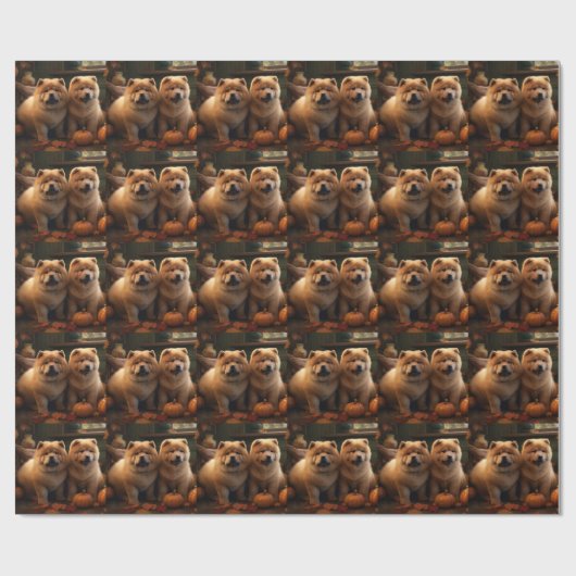 Papier Cadeau Chow Chow Chiot Automne Citrouille de plaisir (Plat)