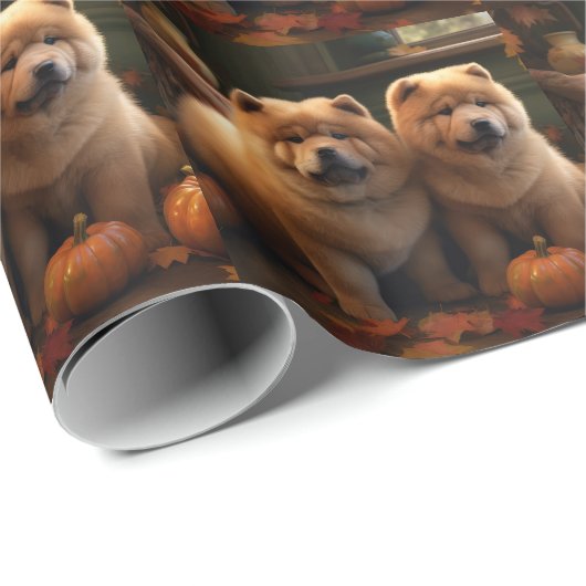 Papier Cadeau Chow Chow Chiot Automne Citrouille de plaisir (Coin rond)