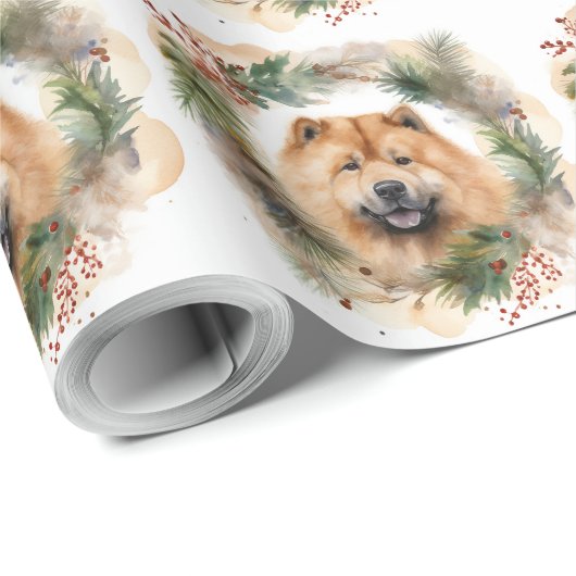 Papier Cadeau chow chow Christmas Wreath Festive Pup (Coin rond)