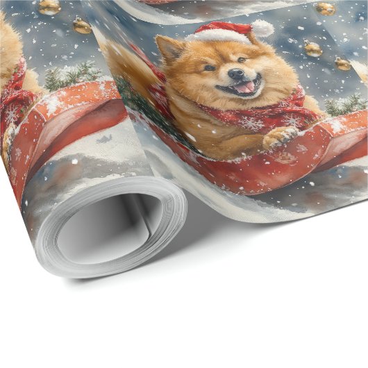 Papier Cadeau Chow Chow Dog in Sledge Let's neige Christmas (Coin rond)
