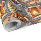 Papier Cadeau Chow Chow Sitting Fireplace with Christmas Lights (Coin rond)