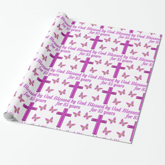 PAPIER CADEAU CHRÉTIEN 85E ANNIVERSAIRE CROIX ROSE CONCEPTION (Déroulé)