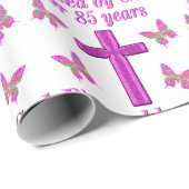 PAPIER CADEAU CHRÉTIEN 85E ANNIVERSAIRE CROIX ROSE CONCEPTION (Coin rond)