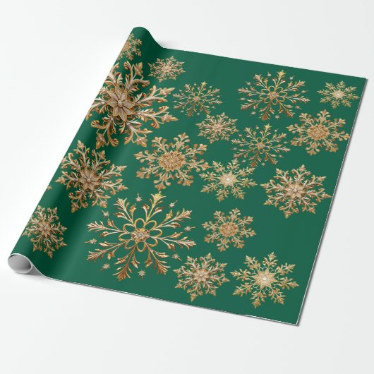Papier Cadeau Christams Gold and Green Snowflake Wrapping paper (Déroulé)