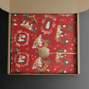 Papier Cadeau Christian Christmas Watercolor Nativité Rouge