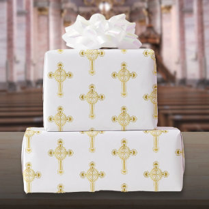 Papier Cadeau Christian Gold Cross Baptême Christening Communion