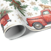 Papier Cadeau Christma Red Truck Dog & Holiday Greenery  (Coin rond)
