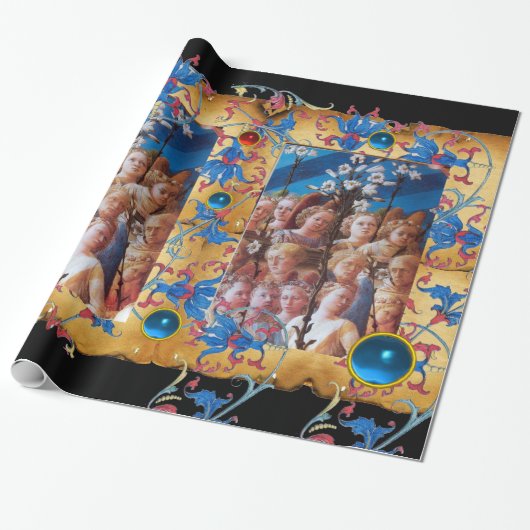 PAPIER CADEAU CHRISTMAS ANGELS PARCHEMENT, FLEURS BLEUES ROUGES, (Déroulé)