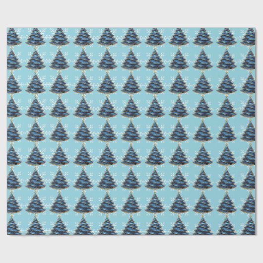 Papier Cadeau Christmas Artistic Blue Gold Tree Snowflakes (Plat)