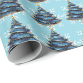 Papier Cadeau Christmas Artistic Blue Gold Tree Snowflakes (Coin rond)