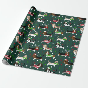 Papier Cadeau Christmas Basset Hound Forest Green