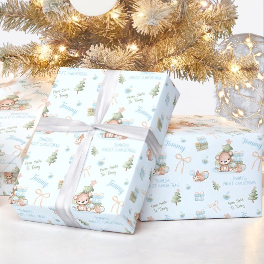 Papier Cadeau Christmas Bear Garçon Bleu Nom Texte Noël