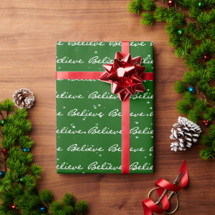 Papier Cadeau Christmas Believe Texte et Snowflakes