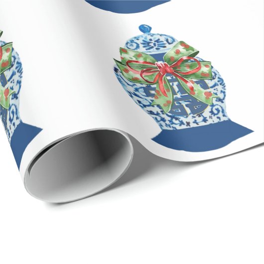 Papier Cadeau Christmas Blue Ginger Jars Wrapping Paper (Coin rond)