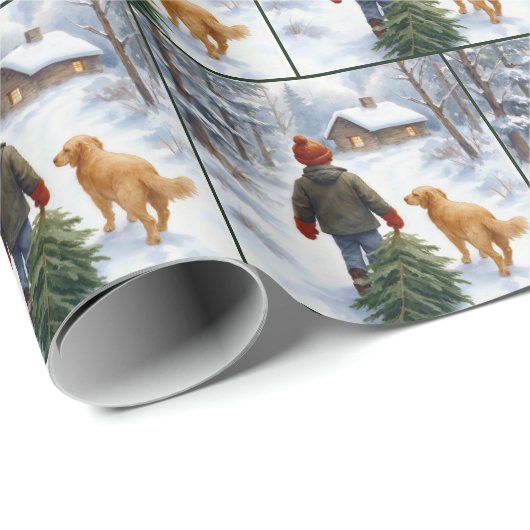 Papier Cadeau Christmas Boy Dragging an Evergreen Tree Home (Coin rond)