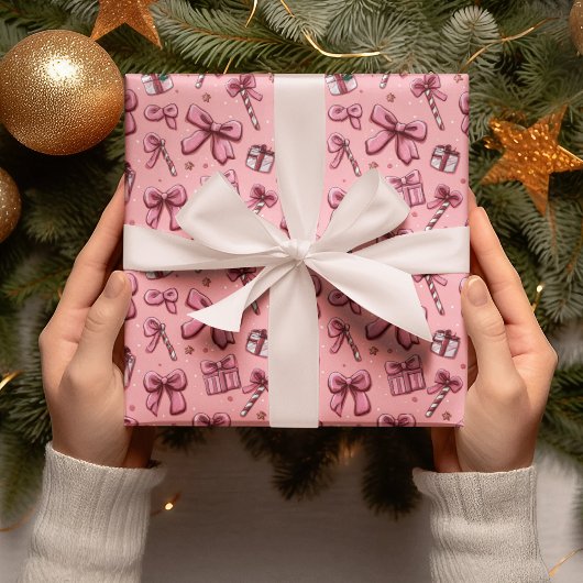 Papier Cadeau Christmas Candy Canes and Bows Wrapping Paper