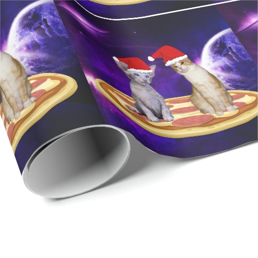 PAPIER CADEAU CHRISTMAS CHAT DANS L'ESPACE PIZZA WRAPPER PAPIER (Coin rond)