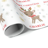 Papier Cadeau Christmas Cute Deer Snowflakes Nom personnalisé (Coin rond)