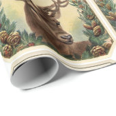 PAPIER CADEAU CHRISTMAS DEER, PINE CONE CROWNS, GREEN GEMSTONES (Coin rond)