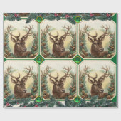 PAPIER CADEAU CHRISTMAS DEER, PINE CONE CROWNS, GREEN GEMSTONES (Plat)