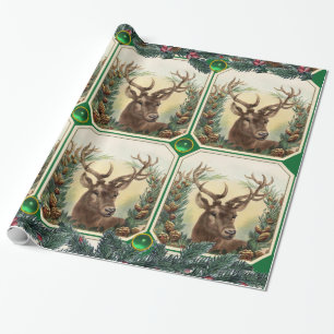 PAPIER CADEAU CHRISTMAS DEER, PINE CONE CROWNS, GREEN GEMSTONES
