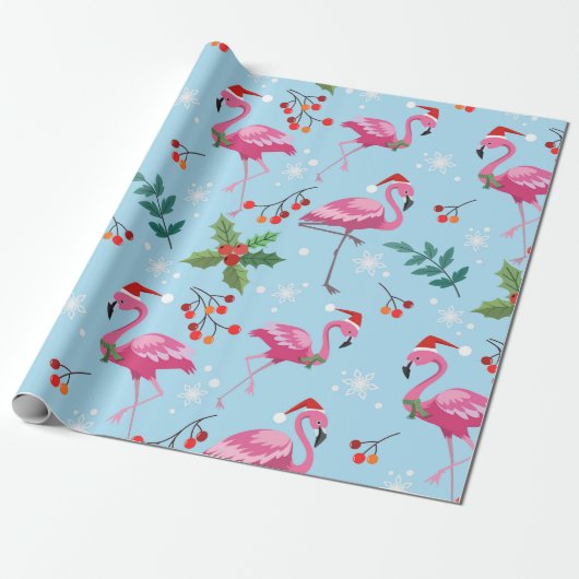 Papier Cadeau Christmas flamingos and holly on blue pattern (Déroulé)