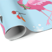 Papier Cadeau Christmas flamingos and holly on blue pattern (Coin rond)