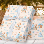 Papier Cadeau Christmas Gingerbread Homme Garçon Bleu Beige Nom<br><div class="desc">Papier d'emballage de Noël avec un homme en pain d'épice mignon,  sapin de Noël,  cadeaux et flocons de neige pour bébés et petits garçons avec le nom et deux autres textes différents,  facilement personnaliser. Arrière - plan beige. - Kate Eden Art</div>