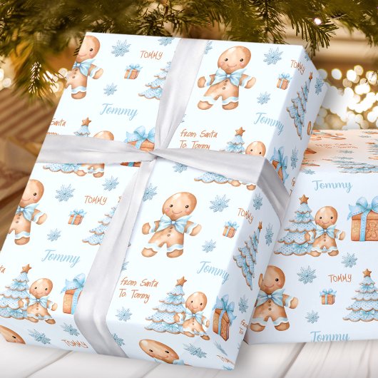 Papier Cadeau Christmas Gingerbread Homme Garçon Bleu Nom Texte