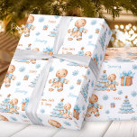 Papier Cadeau Christmas Gingerbread Homme Nom du garçon Texte<br><div class="desc">Papier d'emballage de Noël avec un homme en pain d'épice mignon,  sapin de Noël,  cadeaux et flocons de neige pour bébés et petits garçons avec le nom et deux autres textes différents,  facilement personnaliser. L'arrière - plan blanc - Kate Eden Art</div>