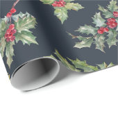 Papier Cadeau Christmas Holly Berry Branches avec Feuille (Coin rond)