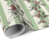 Papier Cadeau Christmas Holly Stripe Toile Elegant (Coin rond)