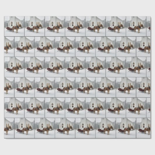 Papier Cadeau Christmas Horse-Drawn Sleigh Waiting By a Chapel (Plat)