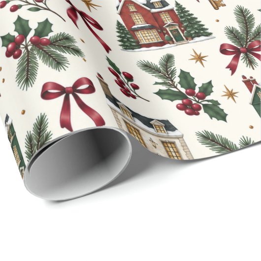 Papier Cadeau Christmas House Pattern Wrapping Paper (Coin rond)