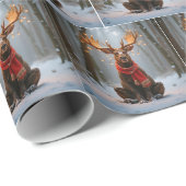 Papier Cadeau Christmas Moose Wearing Scarf and Lights (Coin rond)