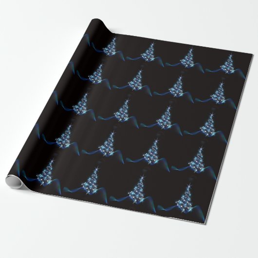 Papier Cadeau Christmas Party Blue Tree Shiny Black Elegant (Déroulé)