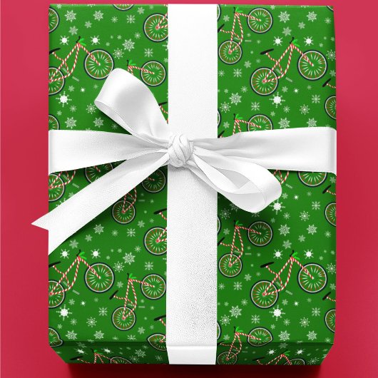 Papier Cadeau Christmas Peppermint Cycling Bike Snowflakes Green