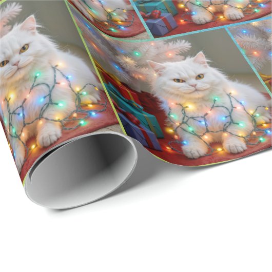 Papier Cadeau Christmas Persian Cat Tangled in Holiday Lights (Coin rond)