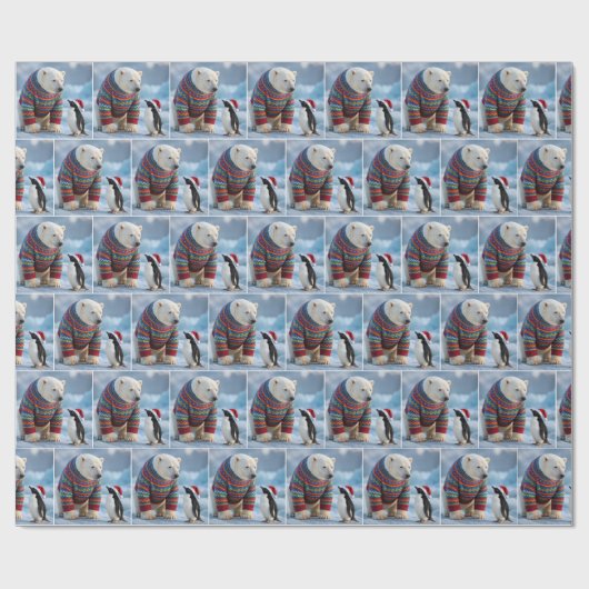 Papier Cadeau Christmas Polar Bear and Penguin On a Glacier (Plat)