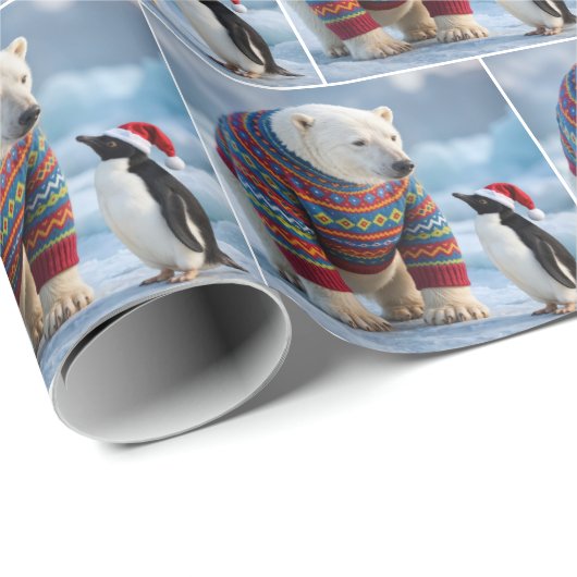 Papier Cadeau Christmas Polar Bear and Penguin On a Glacier (Coin rond)