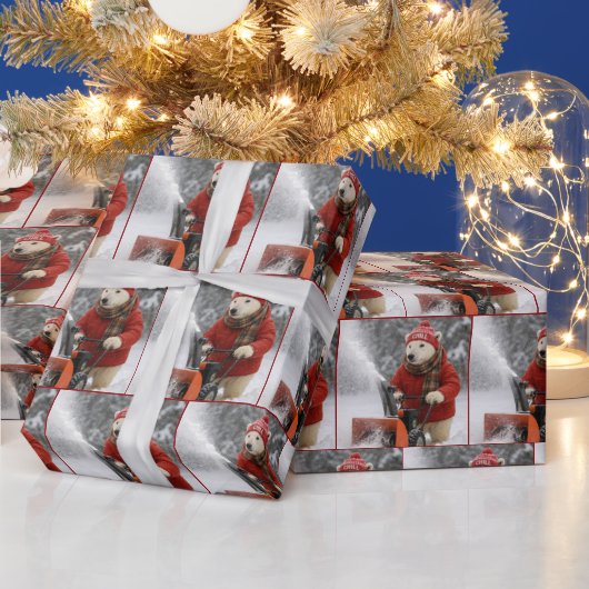 Papier Cadeau Christmas Polar Bear Pushing a Snowblower (Vacances)