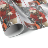Papier Cadeau Christmas Polar Bear Pushing a Snowblower (Coin rond)