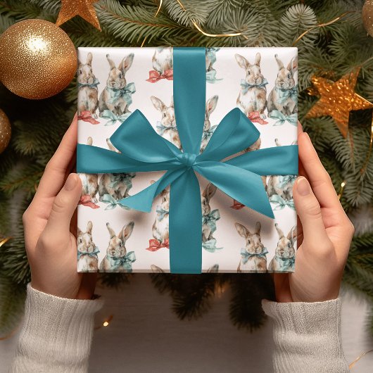 Papier Cadeau Christmas Rabbits with Bows Wrapping Paper