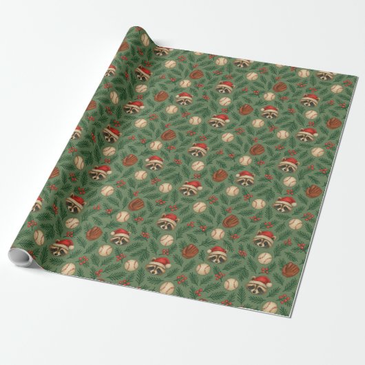 Papier Cadeau Christmas Raccoon Baseball Wrapping Paper (Déroulé)