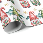 Papier Cadeau Christmas Red and Green Gnomes with Gold Snowflake (Coin rond)