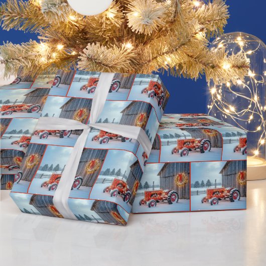 Papier Cadeau Christmas Red Farm Tractor In Snow (Vacances)