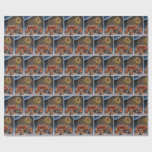 Papier Cadeau Christmas Red Farm Tractor With Glowing Wreath (Plat)