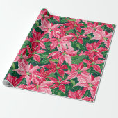 Papier Cadeau Christmas Ruby Pink Poinsettia N Leaves Pattern (Déroulé)