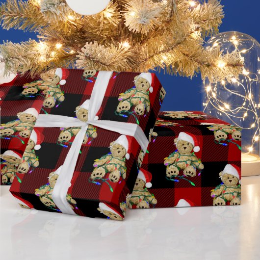 Papier Cadeau Christmas Teddy Bears On Buffalo Plaid (Vacances)