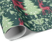 Papier Cadeau Christmas Tree and Reindeer -Folk Art - Green (Coin rond)